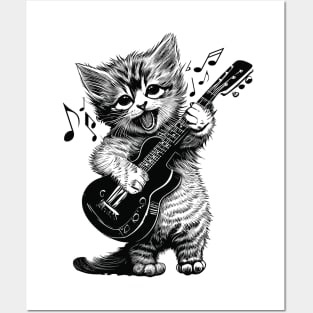 Sweet Little Cat Playing Electric Guitar Posters and Art